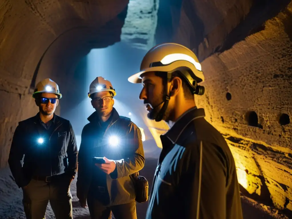 Un grupo de ingenieros explora un túnel oscuro con tecnología wearable para exploración de túneles, iluminando su camino con linternas