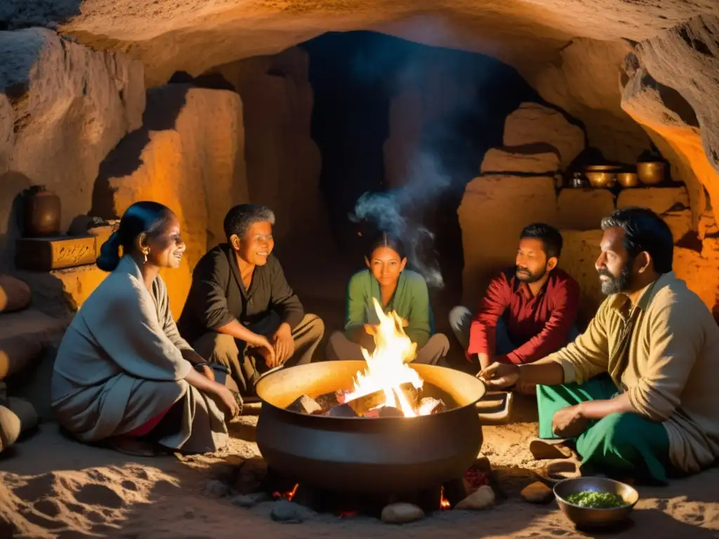 Grupo de locales en atuendo tradicional cocinando en caverna subterránea, creando una experiencia de cocina local en turismo subterráneo