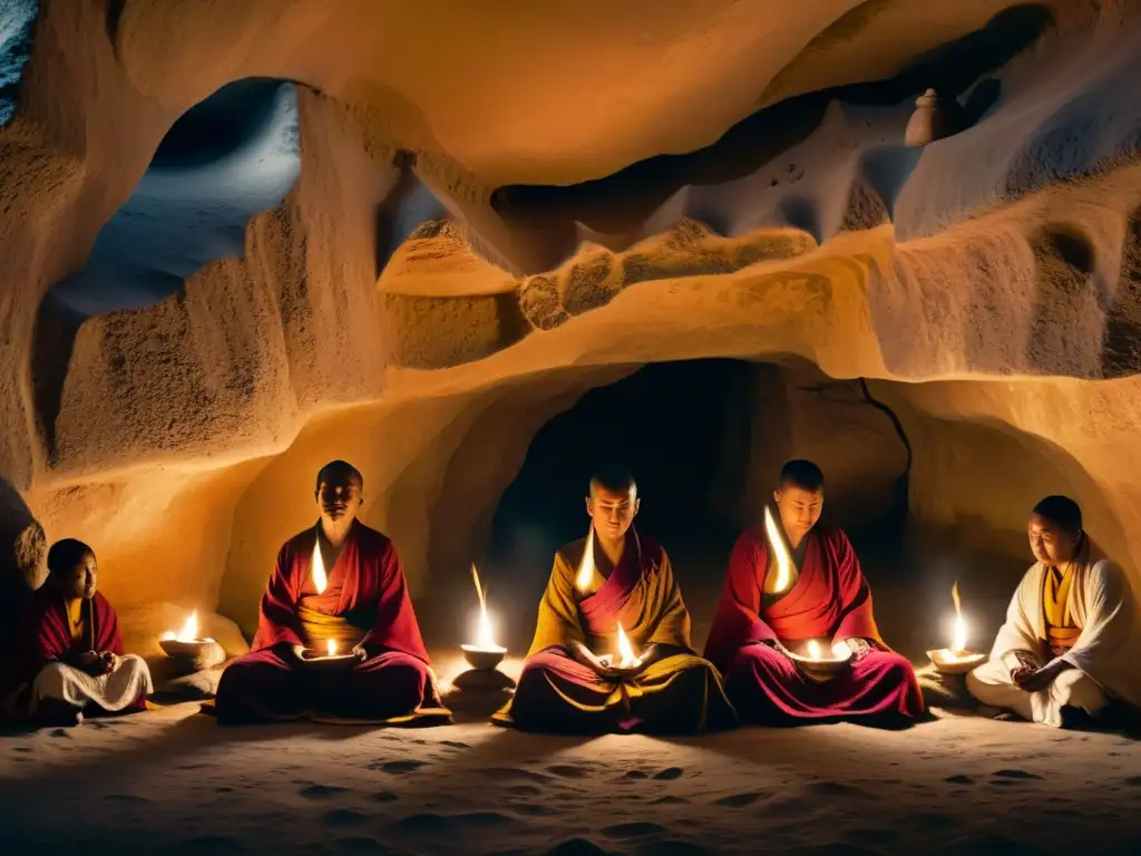 Grupo en meditación profunda en cueva sagrada del Tíbet, iluminados por velas, rodeados de simbología antigua y paz espiritual