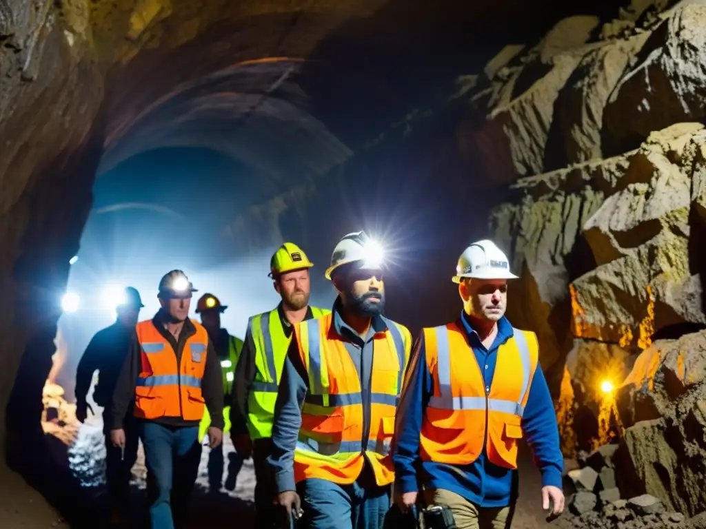 Un grupo de mineros lleva chalecos reflectantes y potentes luces en un túnel oscuro, resaltando la importancia de la visibilidad en túneles