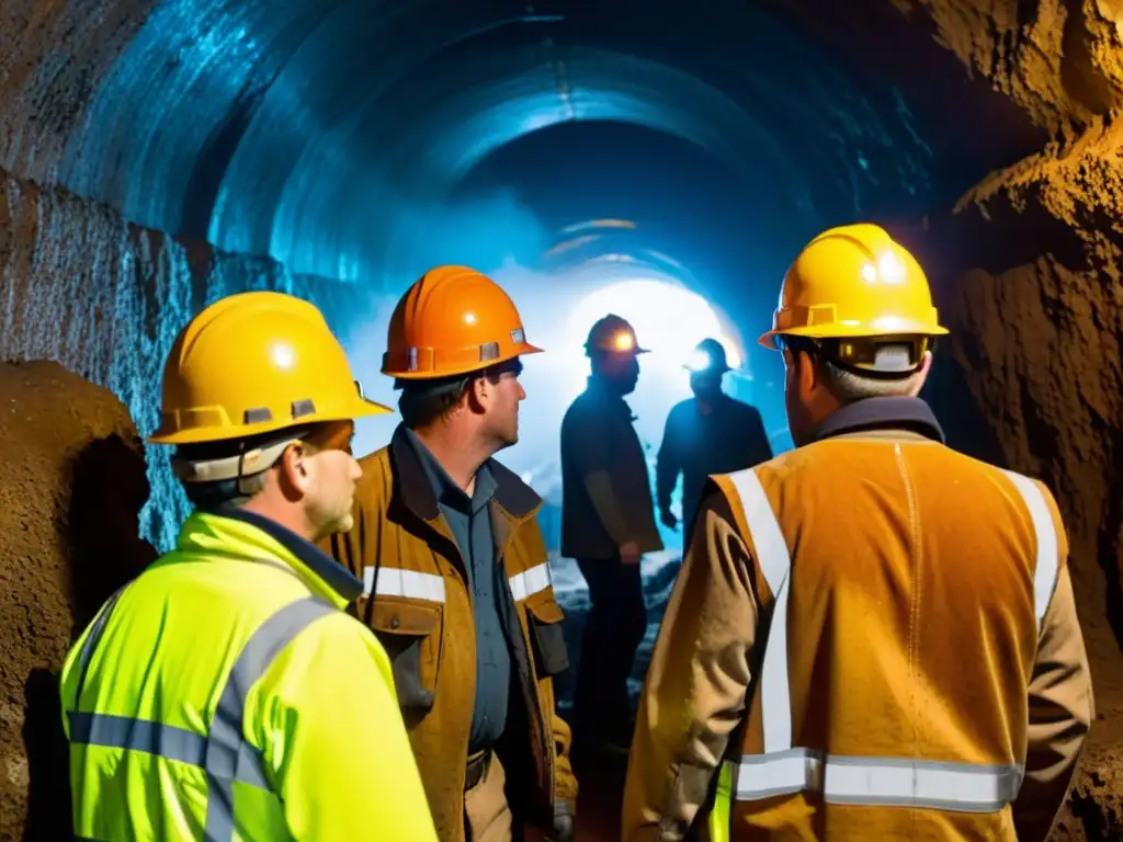 Un grupo de mineros explorando en una cueva subterránea, cumpliendo normativas para exploración subterránea segura