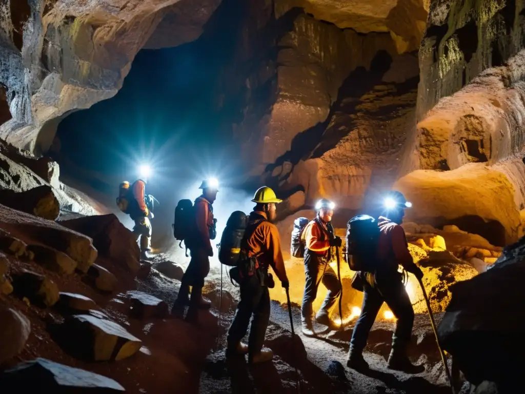 Un grupo de mineros desciende con determinación a una cueva subterránea, iluminando misteriosas formaciones rocosas