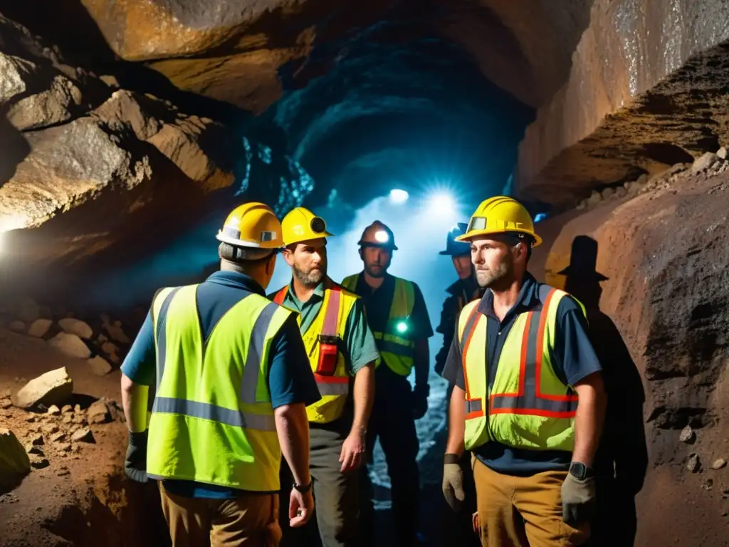 Exploración intensa: mineros expertos en túnel subterráneo Grupo de mineros expertos explorando una mina histórica, con linternas y equipo de seguridad, en un túnel subterráneo