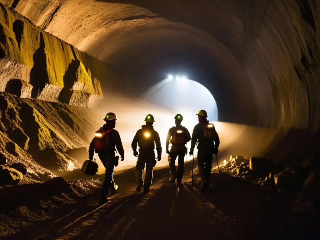 Un grupo de mineros con linternas y equipo reflectante exploran un túnel subterráneo