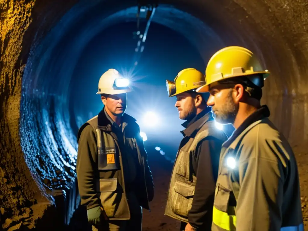 Un grupo de mineros con linternas frontales y equipo reflectante, listos para explorar un túnel subterráneo húmedo