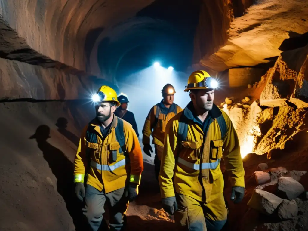 Grupo de mineros con máscaras para exploración subterránea segura, descendiendo en túnel oscuro y rocoso