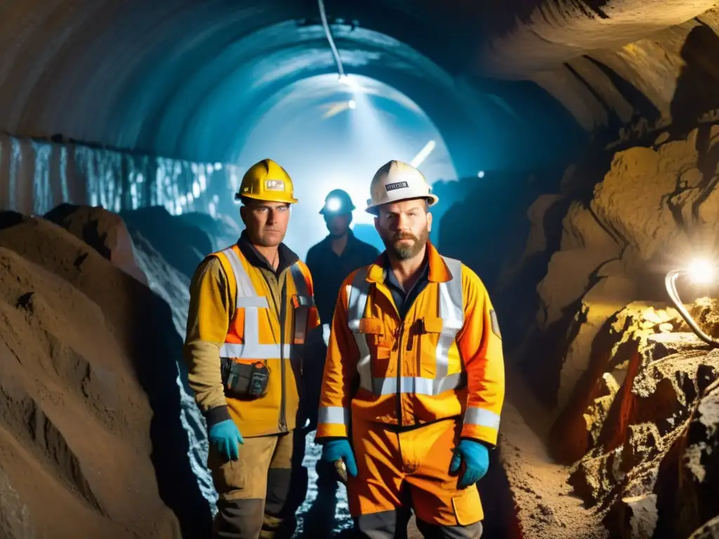 Grupo de mineros explorando una mina subterránea con cuidado, respetando las normativas para exploración subterránea segura