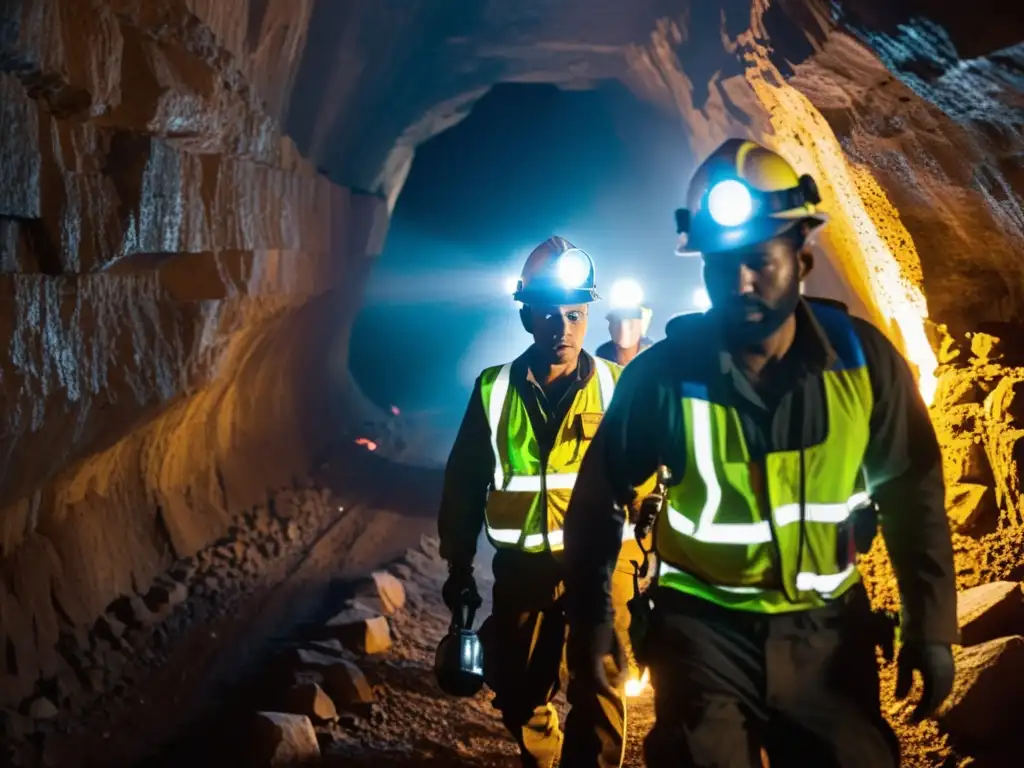 Un grupo de mineros con monitores de gases peligrosos subterráneos exploran un túnel oscuro con determinación