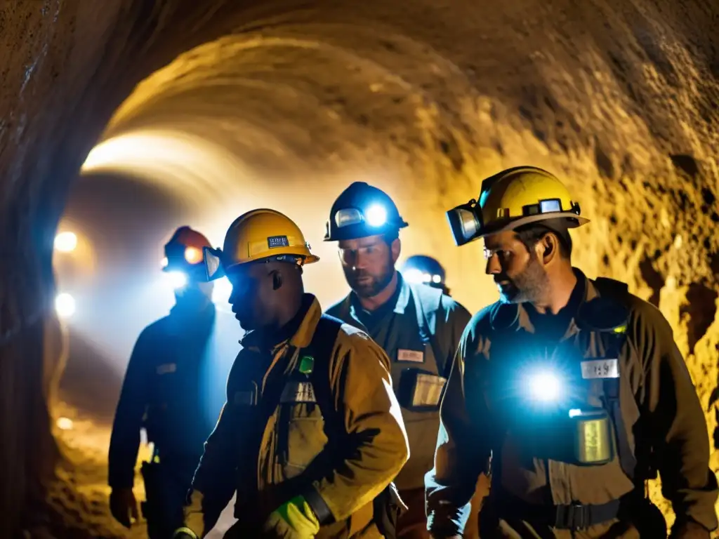 Un grupo de mineros con monitores de gases peligrosos subterráneos, explorando un túnel oscuro con linternas