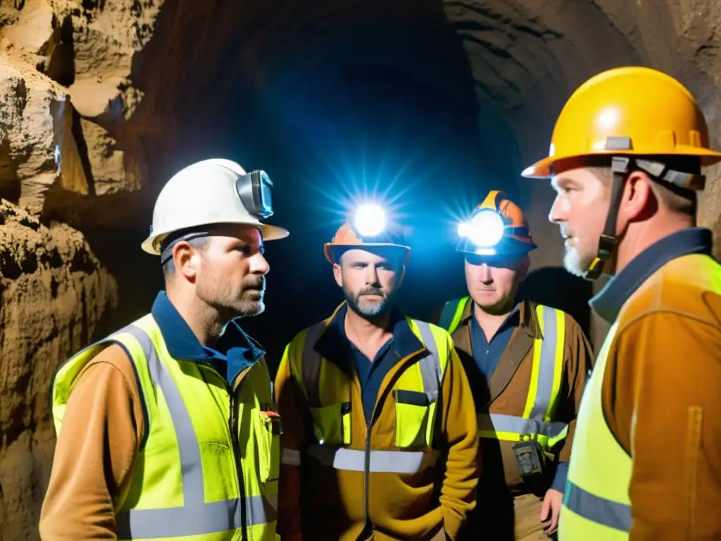 Un grupo de mineros con monitores de gases peligrosos subterráneos, inspeccionando el túnel con determinación y urgencia