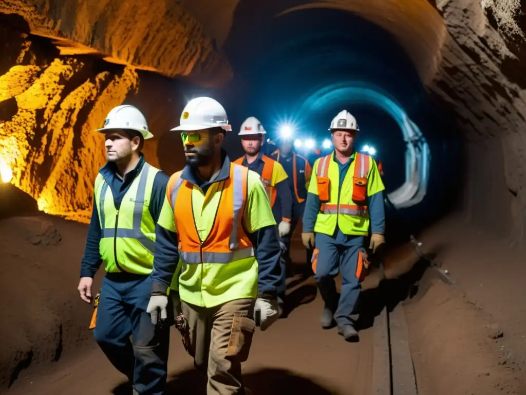 Un grupo de mineros con monitores de gases peligrosos subterráneos, navegando por un túnel oscuro con determinación