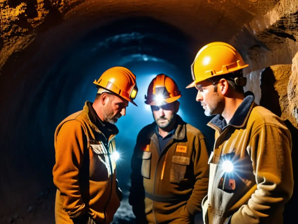 Grupo de mineros con prendas térmicas para termorregulación subterránea, iluminados por linternas en túnel oscuro, trabajando juntos