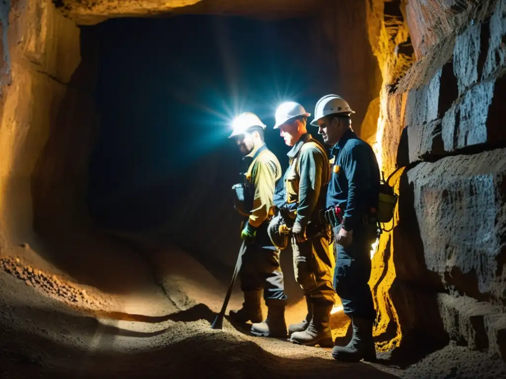 Un grupo de mineros subterráneos con botas especializadas para terrenos subterráneos, explorando con determinación un túnel oscuro