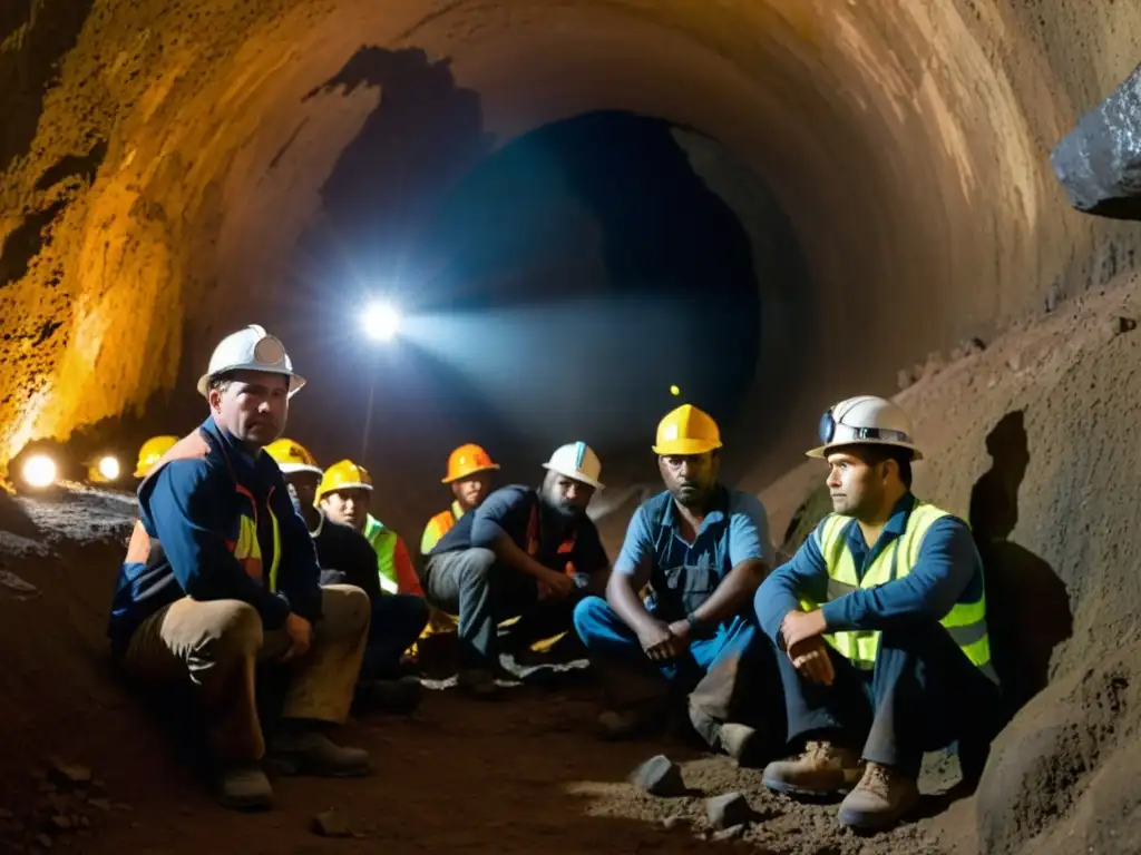 Un grupo de mineros descansa en un túnel oscuro, con rostros cansados pero determinados