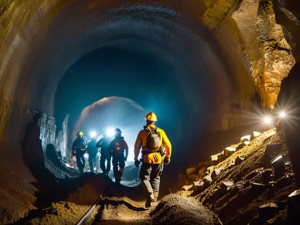 Un grupo de mineros desciende a un túnel oscuro, iluminado solo por sus lámparas