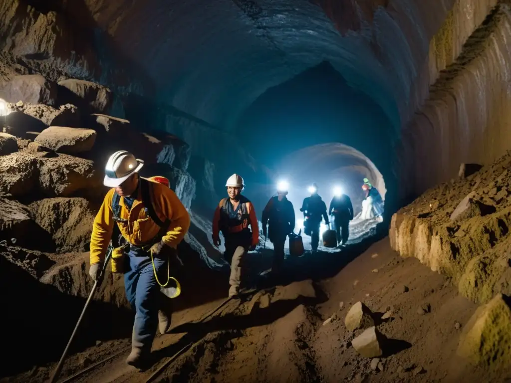 Un grupo de mineros explorando un túnel oscuro con linternas en la cabeza