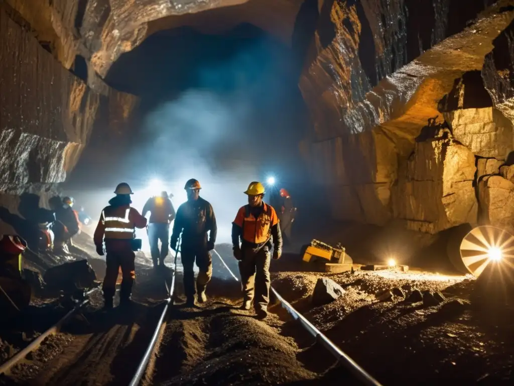 Un grupo de mineros trabajando con determinación en un túnel subterráneo iluminado por lámparas frontales