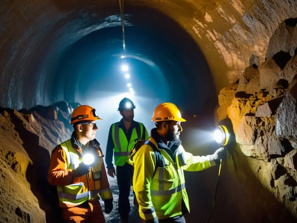 Grupo de mineros explorando túneles subterráneos con aplicaciones móviles para seguridad y navegación