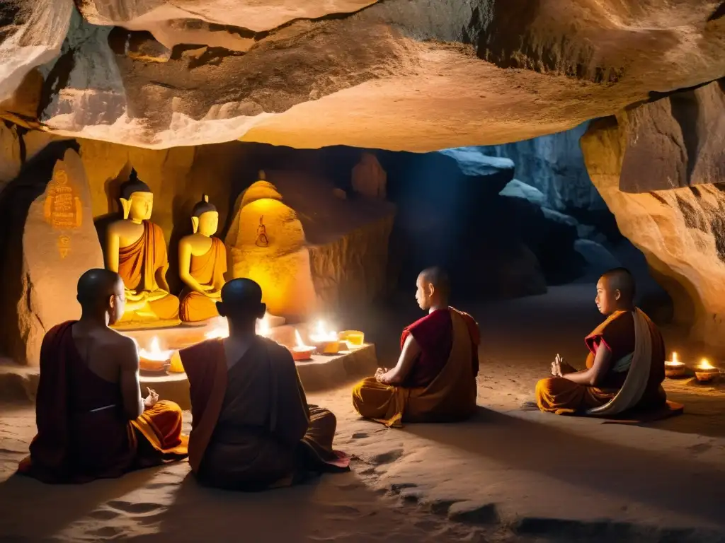 Un grupo de monjes en meditación profunda en una cueva iluminada por velas, rodeados de murales antiguos