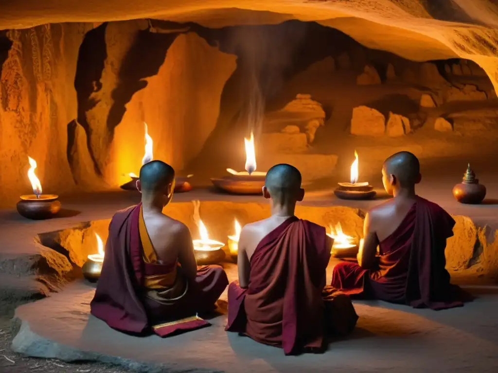 Un grupo de monjes tibetanos medita en una cueva sagrada del Tíbet, iluminada por velas, creando una atmósfera mística y serena