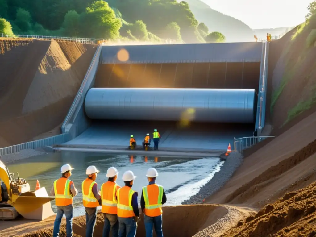 Un grupo de obreros de la construcción refuerza un túnel al atardecer, mientras el agua fluye y el sol destella