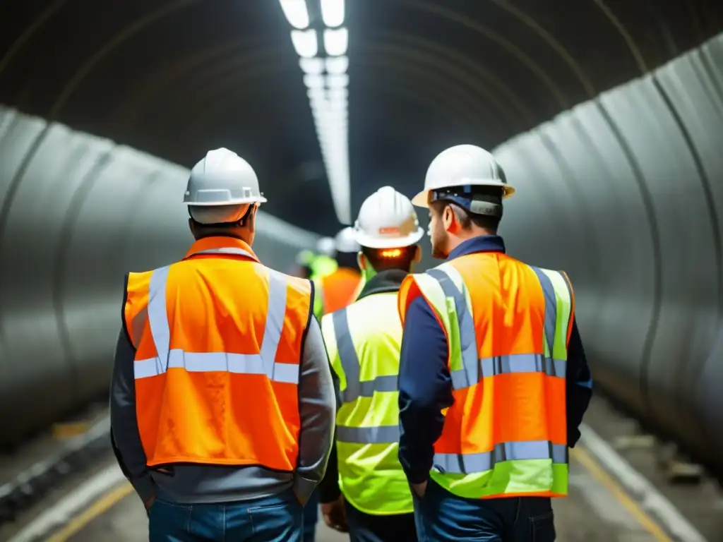 Grupo de obreros en túnel con chalecos reflectantes, resaltando la importancia de visibilidad en entornos de poca luz