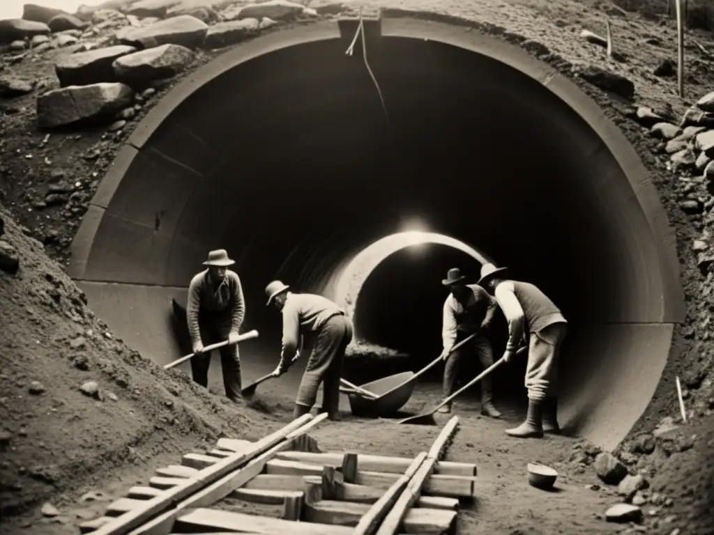 Grupo de obreros construyendo un túnel en la revolución industrial con herramientas primitivas