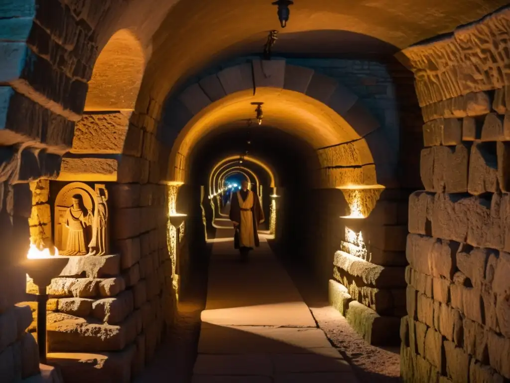 Grupo de peregrinos en túnel subterráneo de Jerusalén, iluminado por antorchas, con misteriosas inscripciones en las paredes de piedra