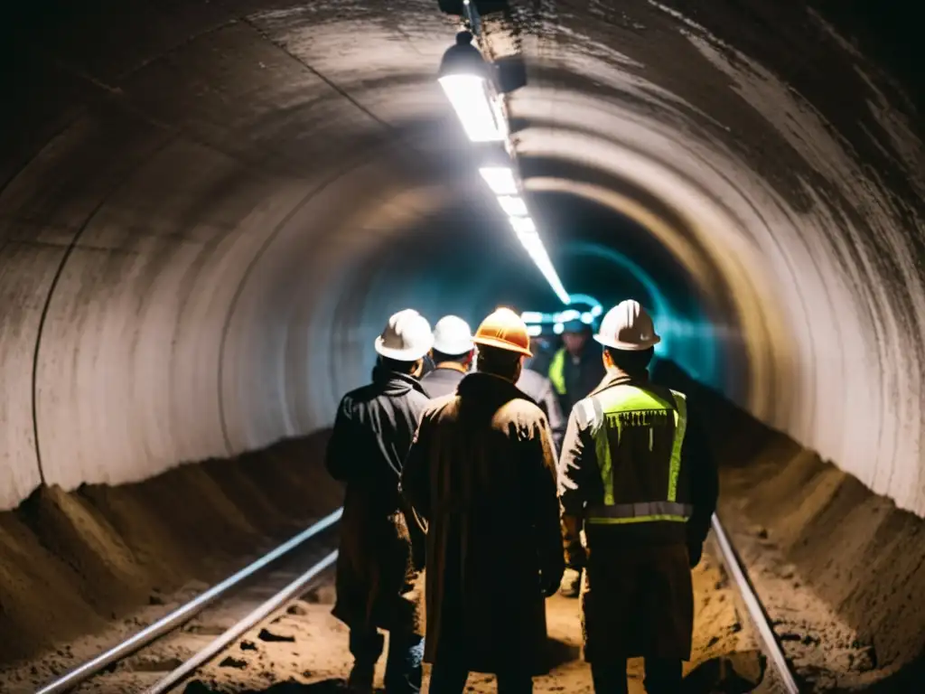 Grupo de personas cavando un estrecho túnel subterráneo en la Guerra Fría, iluminados por tenues bombillas