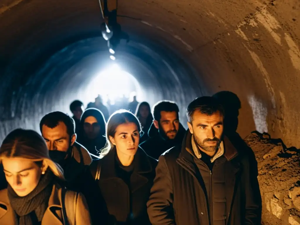 Un grupo de personas se reúnen en un túnel oscuro de Sarajevo, mostrando determinación y resistencia durante la historia de los túneles de la ciudad