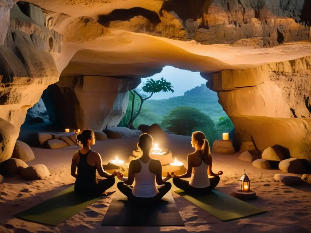 Grupo de practicantes de yoga meditando en una antigua cueva iluminada por velas en el Tíbet