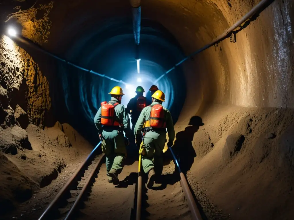 Un grupo de rescatistas utiliza técnicas de supervivencia en un túnel histórico, destacando la determinación y el contraste entre luz y sombra