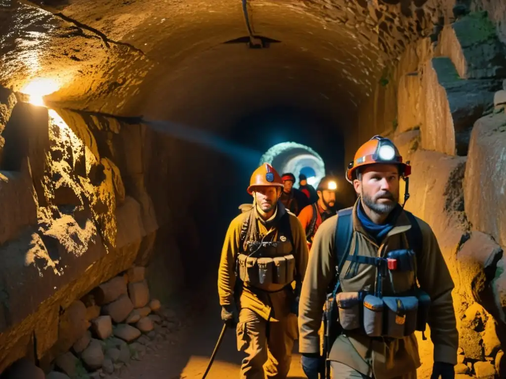 Un grupo de rescatistas navega con determinación y concentración en un túnel histórico iluminado por antorchas