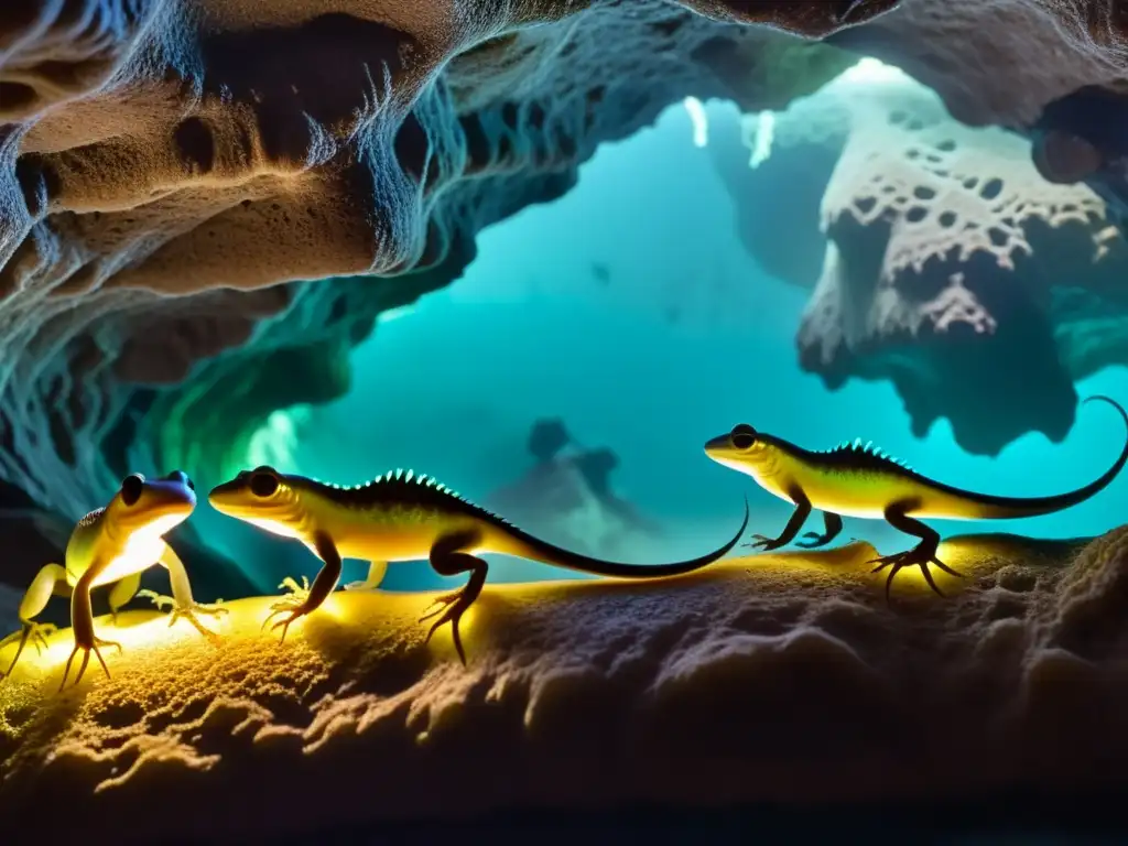 Un grupo de salamandras ciegas de cueva navegando por túneles subterráneos, con cuerpos pálidos iluminados por hongos bioluminiscentes