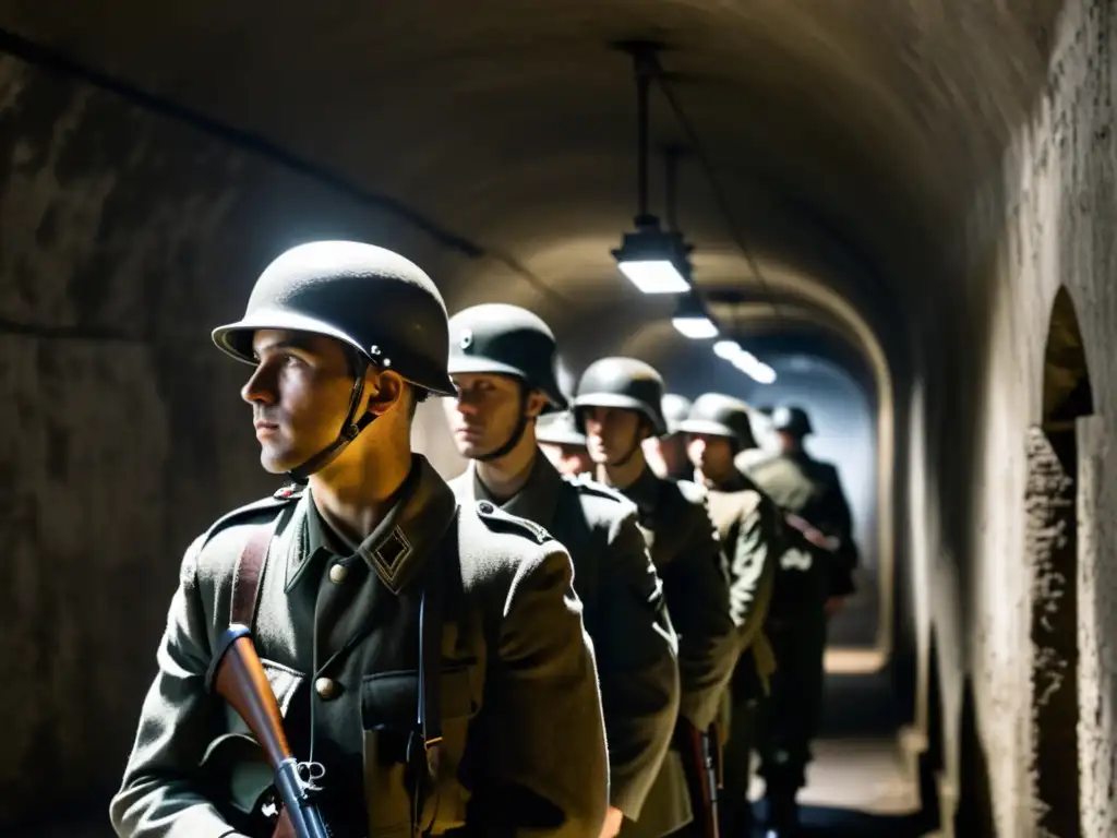 Un grupo de soldados en guardia en los túneles históricos de Berlín, rifles en mano, alertas ante la oscuridad