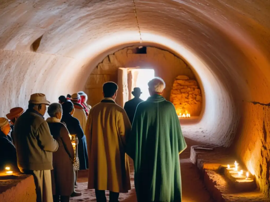 Un grupo en túnel subterráneo de Coober Pedy realiza prácticas religiosas en un ambiente místico y solemne iluminado por velas