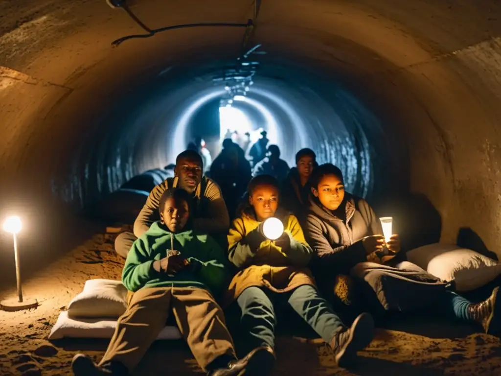 Un grupo de supervivientes se reúne en un oscuro túnel subterráneo, mostrando determinación en medio de la adversidad