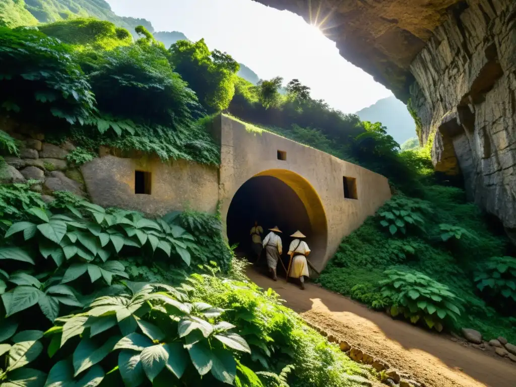 Grupo de trabajadores antiguos usando herramientas primitivas para tallar un túnel en la montaña, rodeados de exuberante vegetación