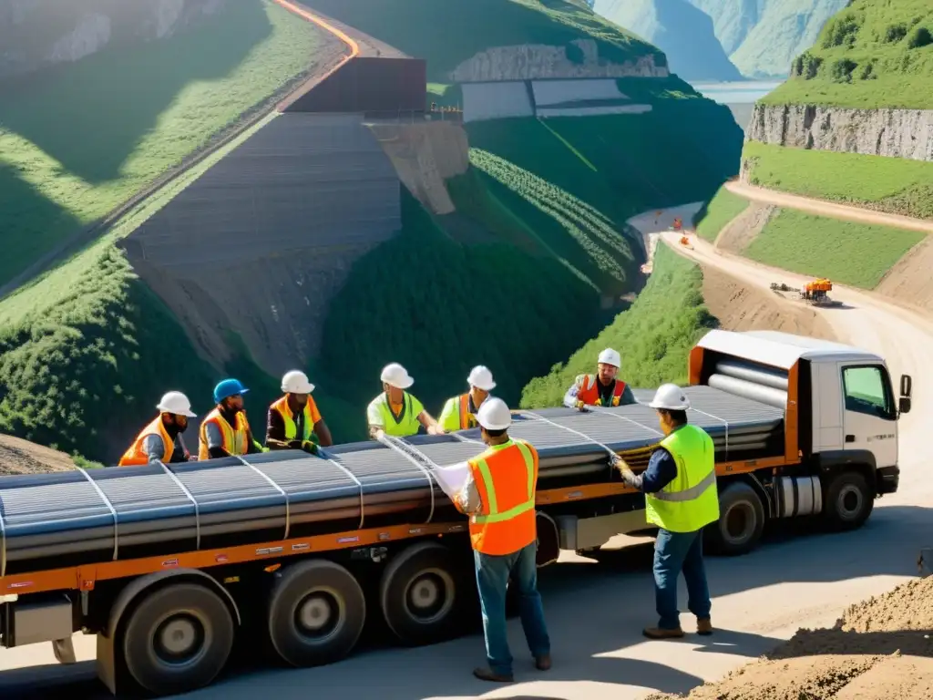 Grupo de trabajadores descargando barras de acero para la construcción de un túnel en un paisaje montañoso