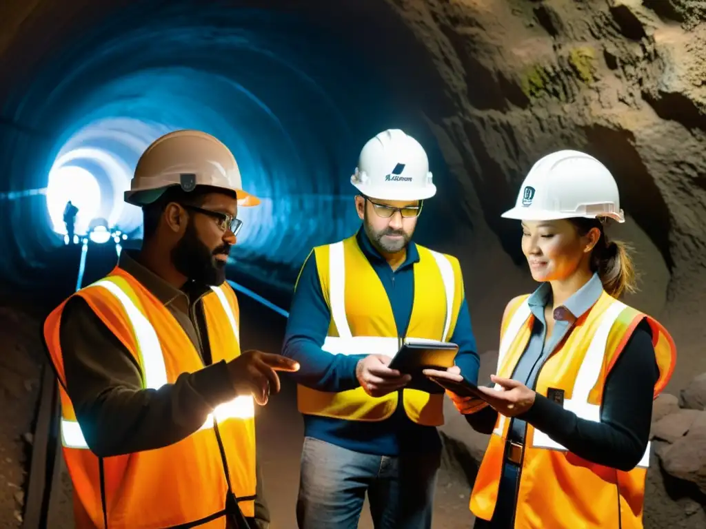 Un grupo de trabajadores con cascos y equipo de seguridad, usando realidad aumentada para exploración subterránea en un túnel iluminado por lámparas frontales