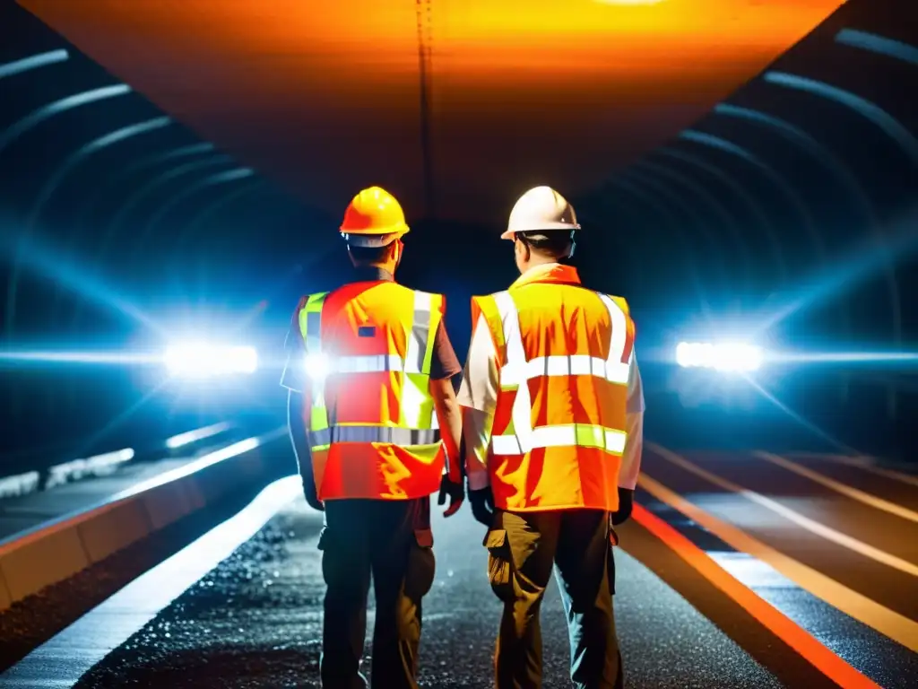 Un grupo de trabajadores con chalecos reflectantes frente a un túnel, iluminados por los faros de los vehículos