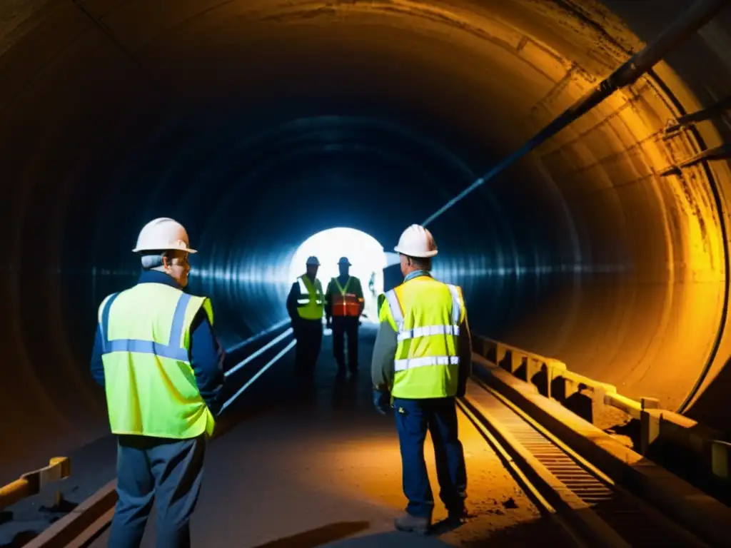 Un grupo de trabajadores en chalecos reflectantes y cascos están reunidos alrededor de un equipo de radio en un túnel