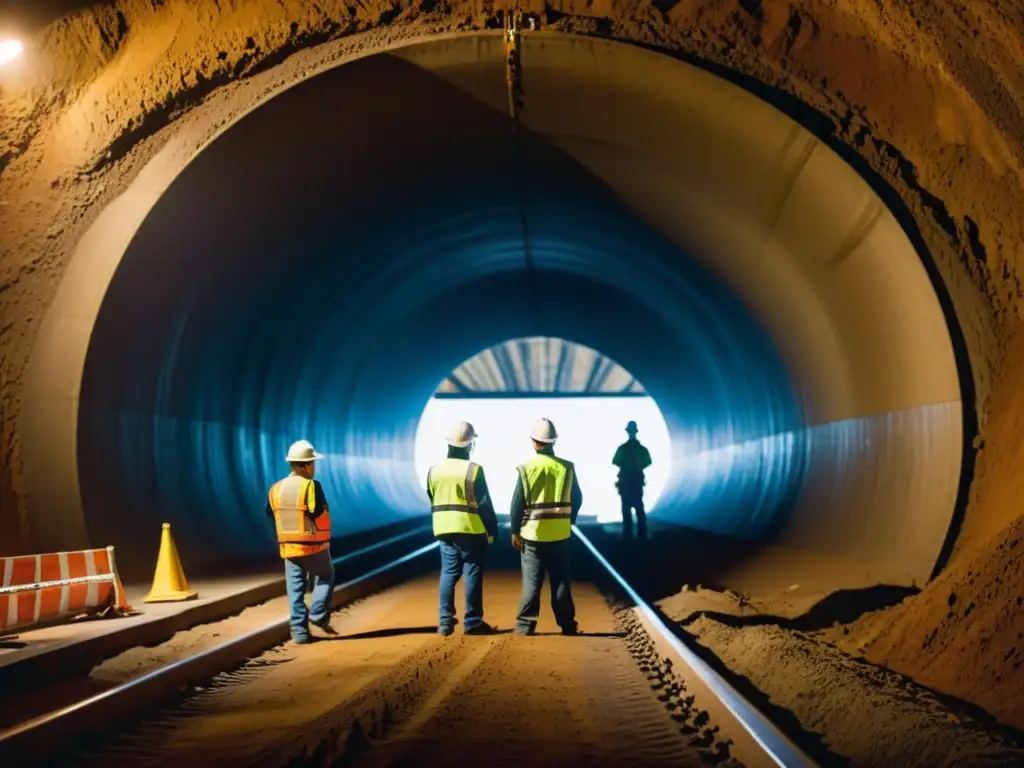 Un grupo de trabajadores de la construcción en la entrada de un túnel, planificando desafíos en construcción de túneles