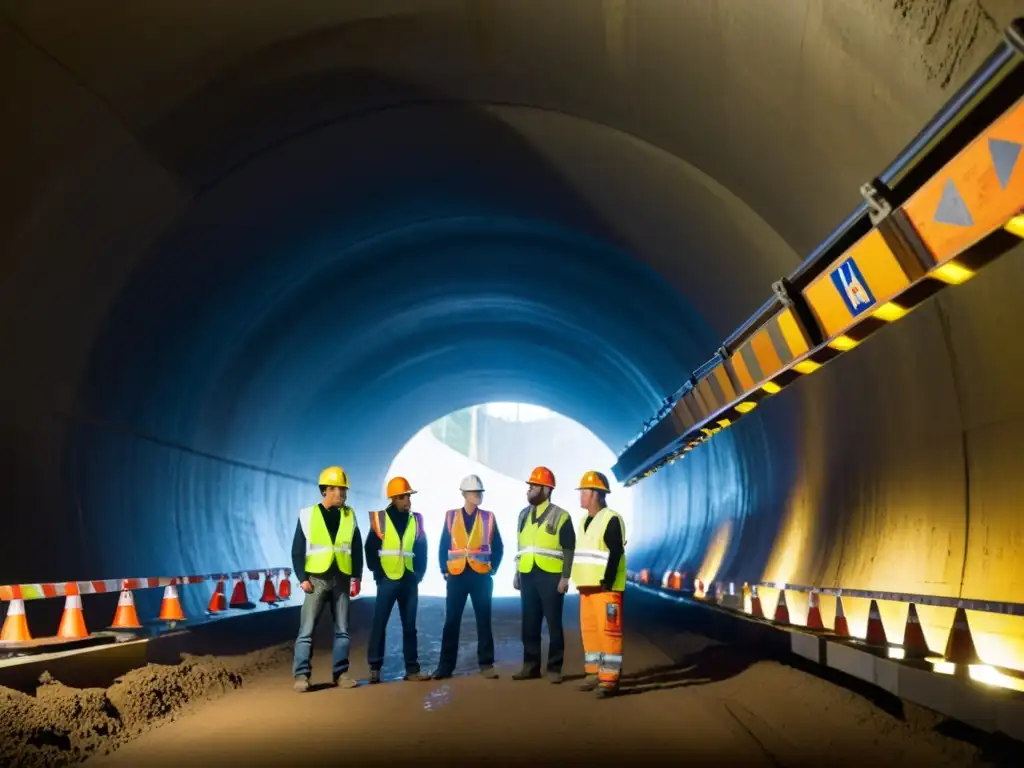 Un grupo de trabajadores de la construcción en equipo, discutiendo en la entrada de un túnel