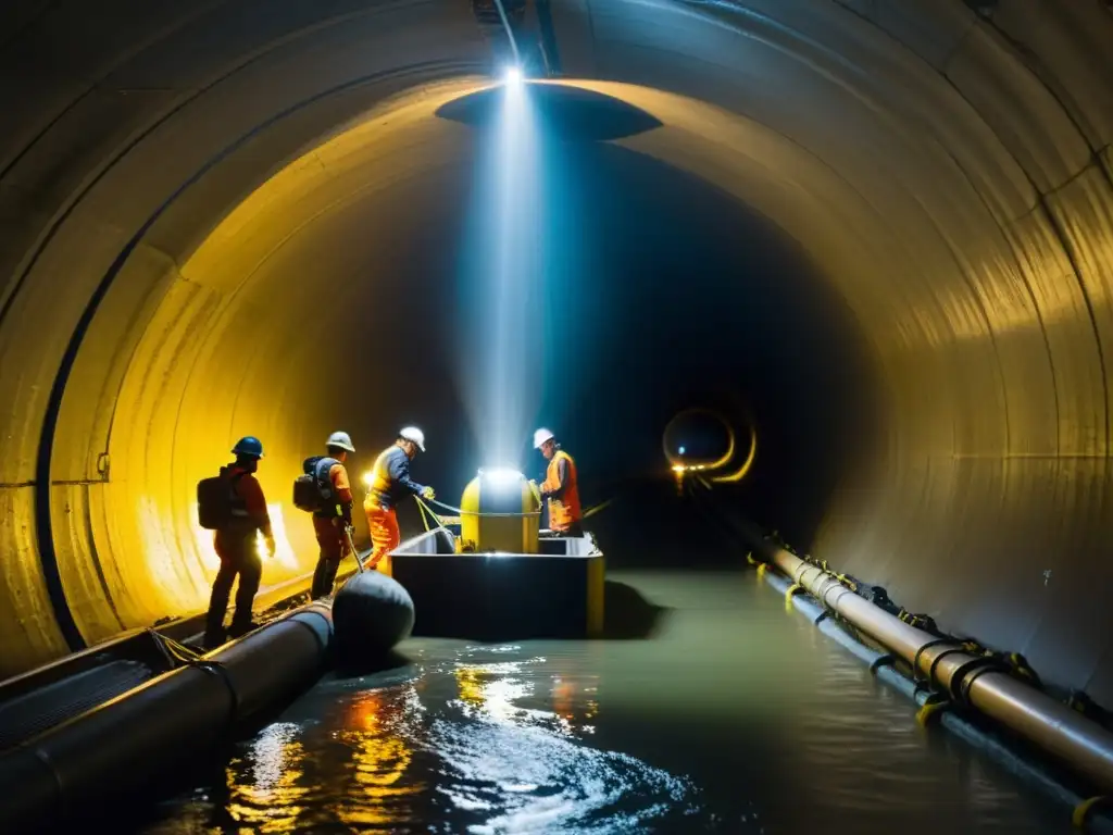 Un grupo de trabajadores instala equipamiento de flotación en un túnel