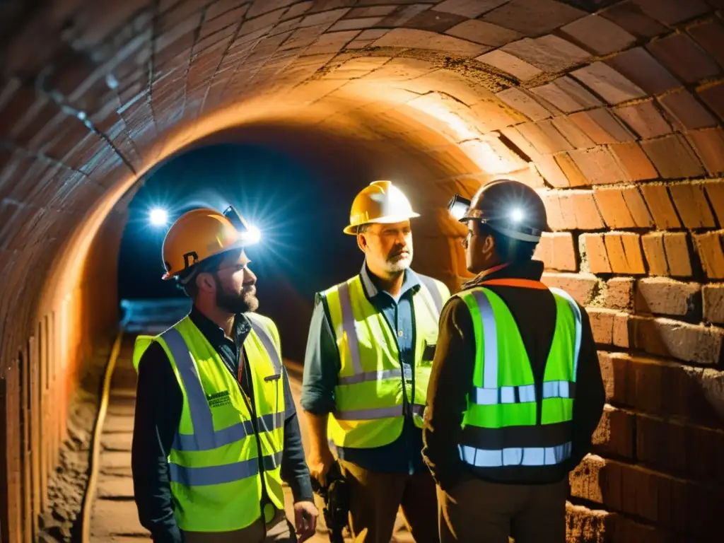 Un grupo de trabajadores ajusta equipos de radio en un túnel histórico, iluminados por el cálido resplandor de la tecnología