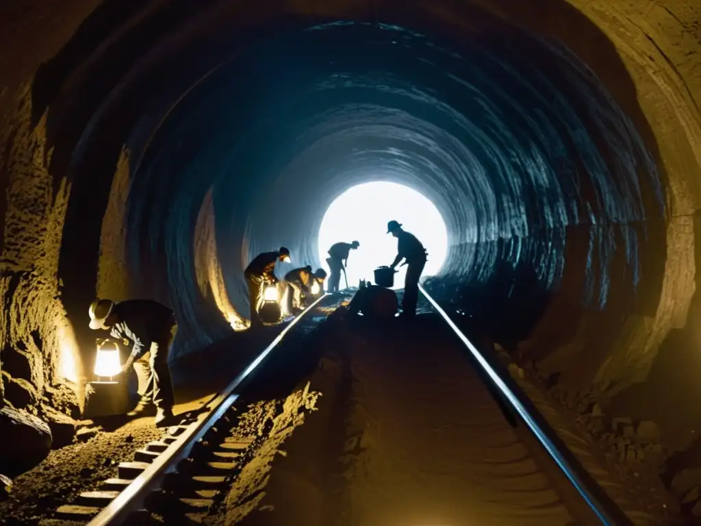 Grupo de trabajadores iluminados por linternas, labrando un túnel