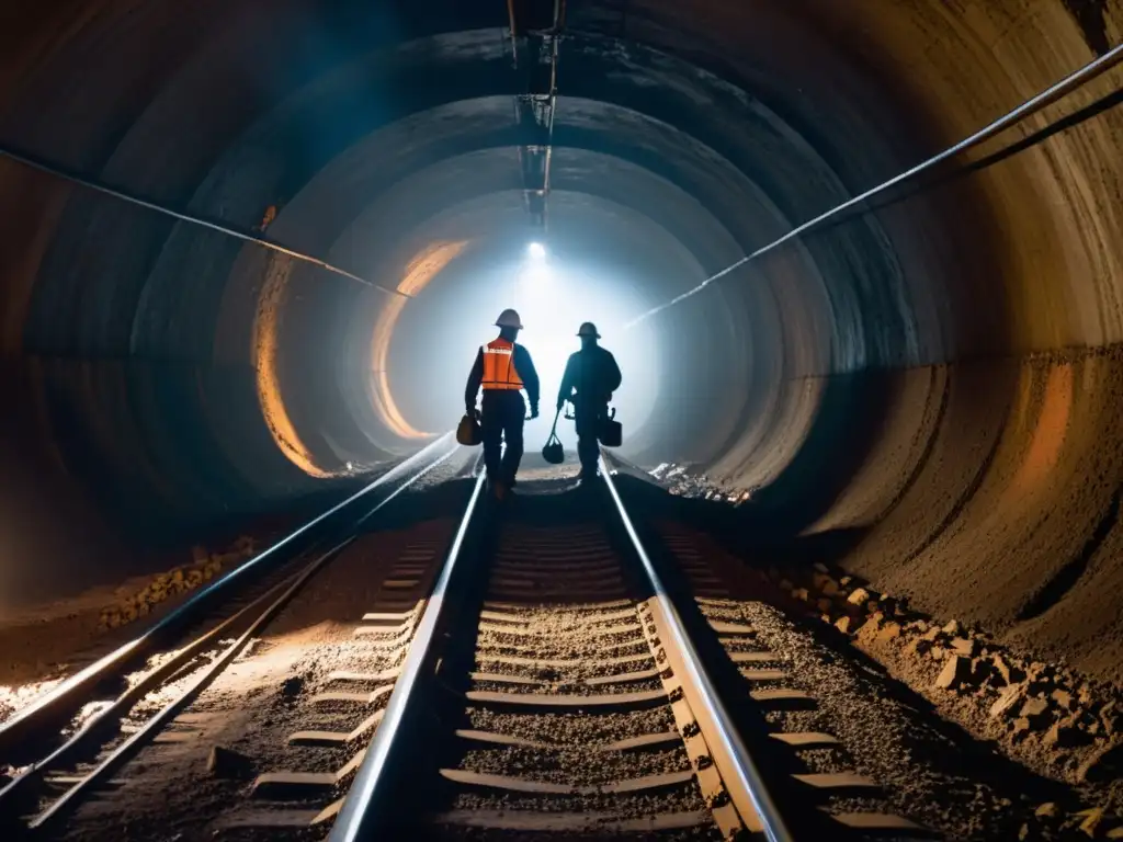 Un grupo de trabajadores con lámparas frontales extraen recursos en un túnel abandonado, creando una atmósfera surreal