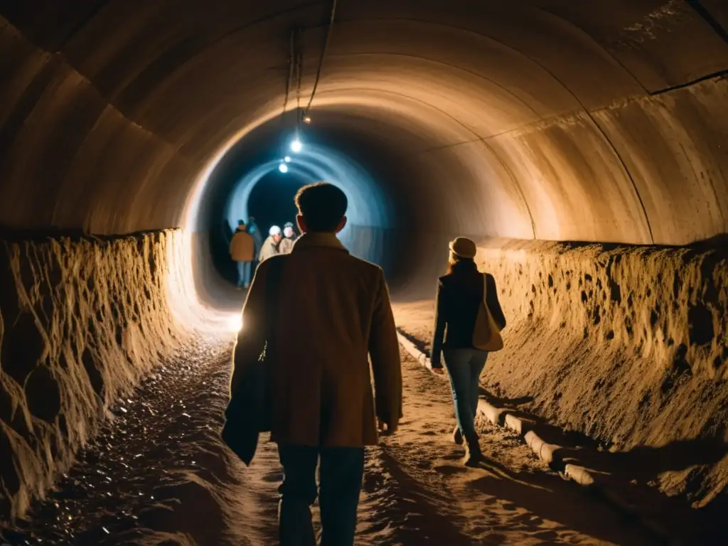 Un grupo camina en un túnel subterráneo iluminado por focos, evocando la resistencia en los túneles de Sarajevo