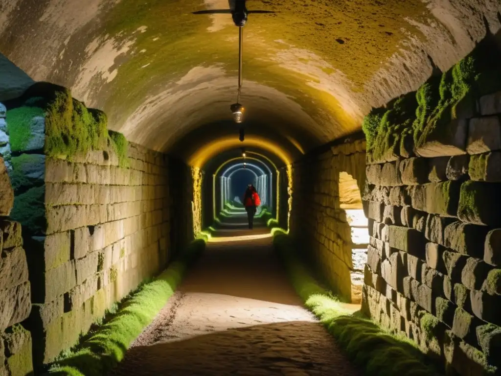 Grupo de turistas explorando un antiguo túnel histórico con guía turística, iluminados por linternas